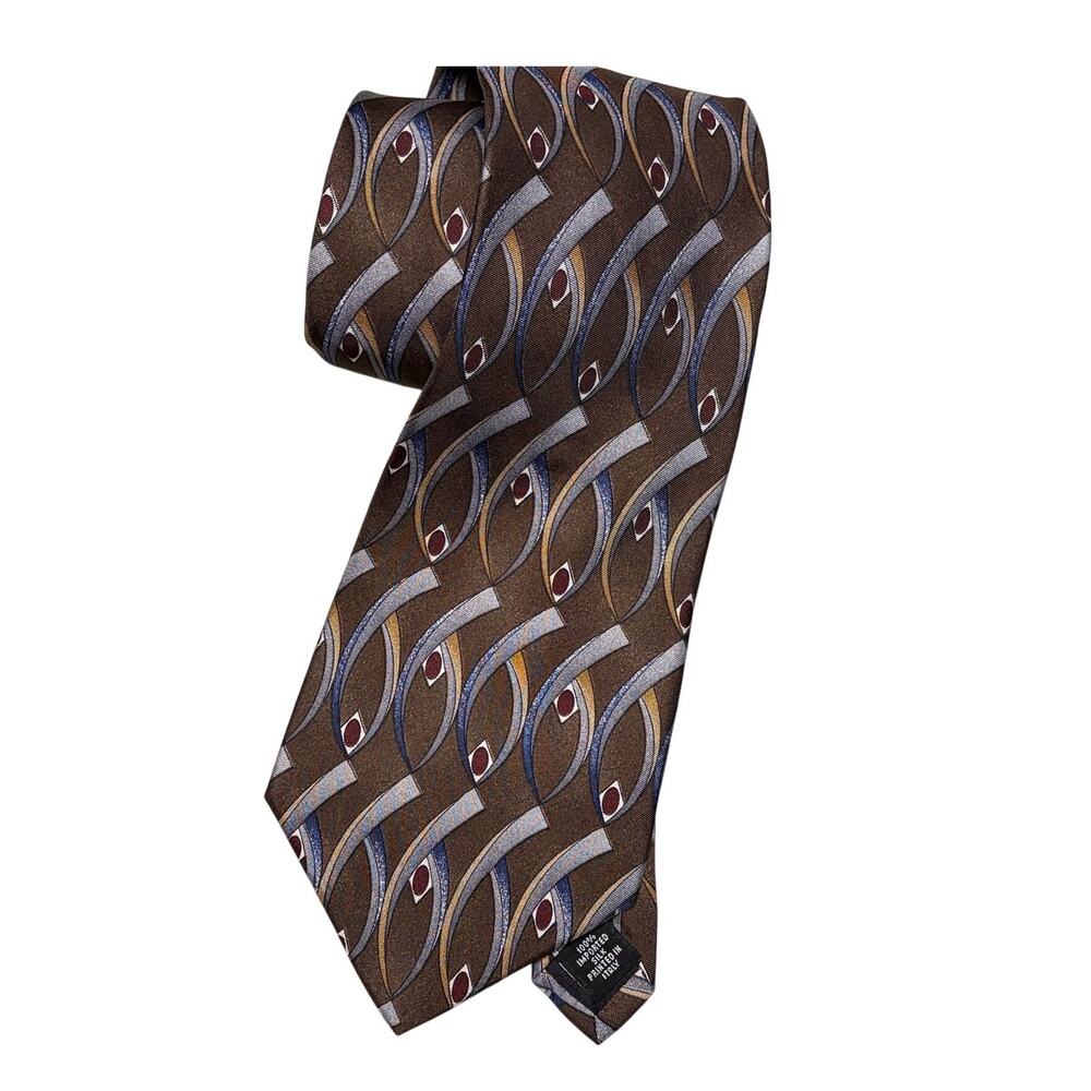 Halston 90s Silk Neck Tie Geometric Abstract Wave Brown Silver Italy Made USA